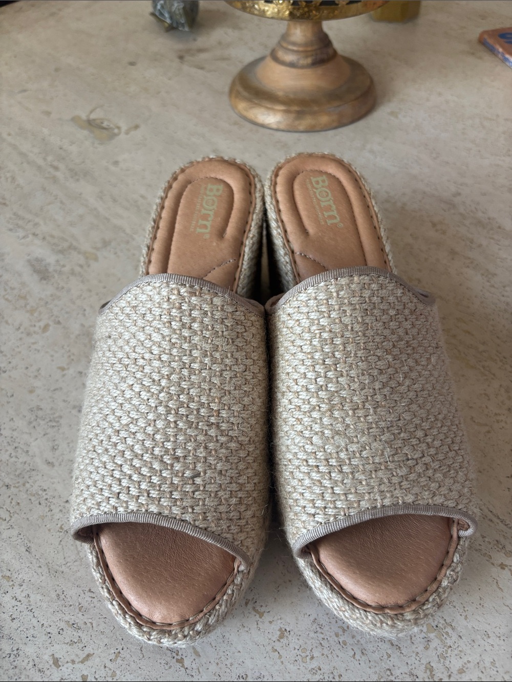 Born Woven Open-Toe Slide Mules in Natural Beige